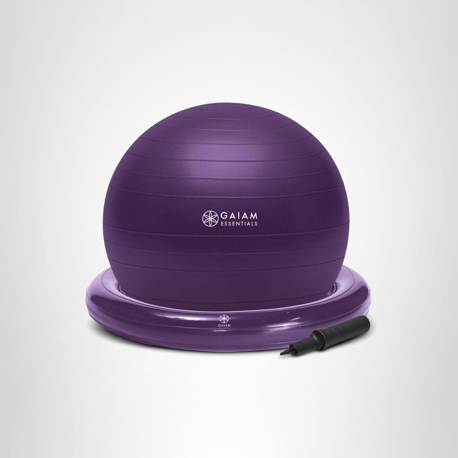 Gaiam Essentials Ballon équilibre 65 Cm – Kit Base Circulaire, Pompe Incluse, Bande Résistance, Anti-éclatement – Assise Yoga/home Office