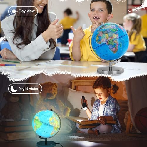 AR Illuminated World Globe for Kids Rewritable Colorful Easy-Read High Clear Map Globe, Illuminates Educational Interactive Globe STEM Toy, Light Up Globe Lamp, Night Light LED Decor