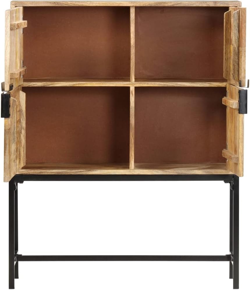Rustic highboard Solid Mango Wood Brown and Black Polished Finish 11.8x31.5x39.4 inches 4-Door Storage Cabinet with Steel Legs Indoor Living Room Storage Cupboard