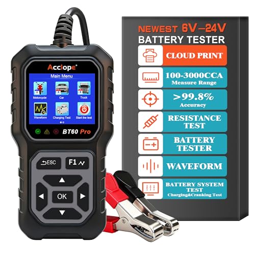 Acclope BT60 Pro Car Battery Tester, Digital Analyzer with Cloud Printing, 6V/12V/24V Battery Checker for AGM, Lithium, Gel Batteries, 100-3000 CCA Range, Automotive Charging System