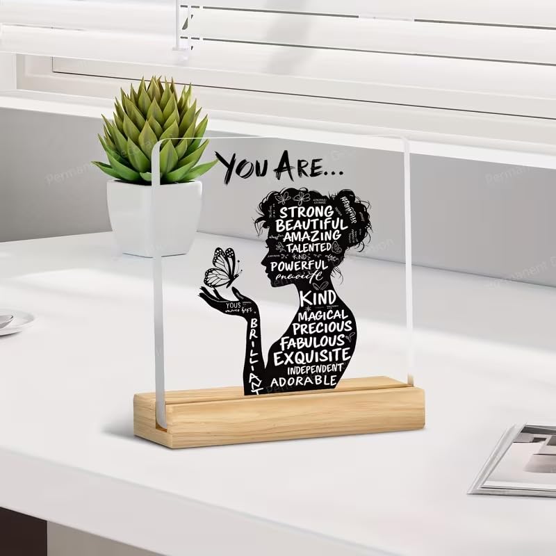 Image of SNAPTRAP You Are Strong Beautiful Acrylic Plaque with Wooden Base | Motivational Gift for Women Girls | Self Love Affirmation Desk Decor | Inspirational Gift for Her | Birthday, Friendship Gifts