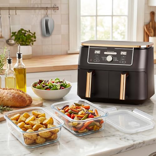 BYKITCHEN 2 Stück Airfryer Zubehör für Ninja AF400EU/SL400EU/Cosori Heißluftfritteuse 2 kammern, Glas Auflaufform für Airfryer Mit Deckel & Silikon Ofenhandschuhe, Hitzebeständig Mikrowellengeschirr