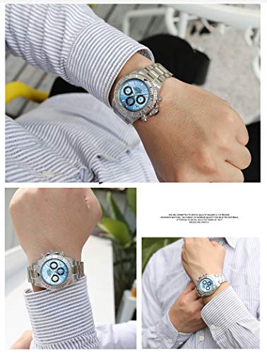 Loreo Mens Automatic Machine Multifunction Silver Stainless Steel Sapphire Glass Waterproof Watch (Light Blue) #TOP4