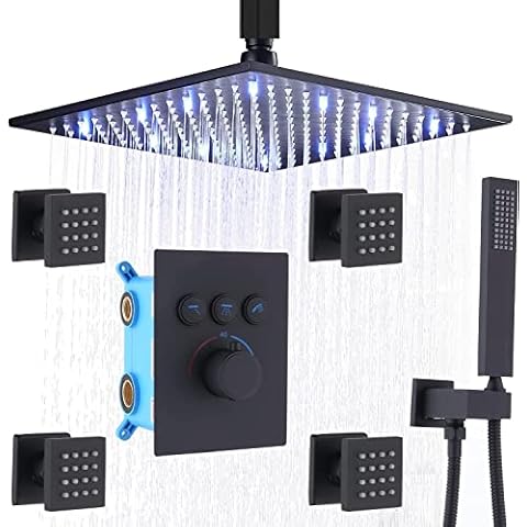 Delnet Thermostatic Shower Mixer Set Black Concealed 12 Inch Ceiling Mounted Led Rain Shower System with Body Jets and Handheld, Can Run Simultaneously Cover