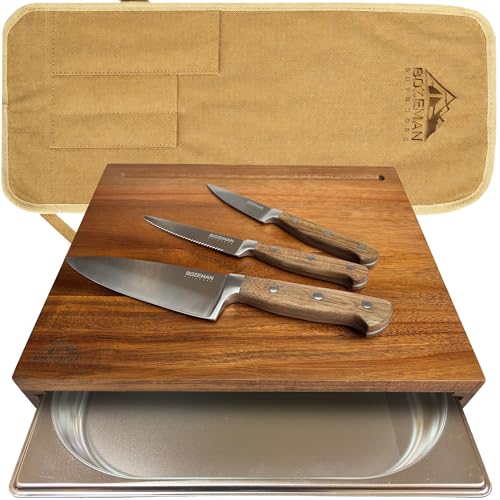 BOZEMAN OUTDOORS Camping Cutting Board Set — Camping Kitchen Essentials, Camp Knife Set — Travel Cutting Board and Knife Set for RV, Hiking, & Fishing