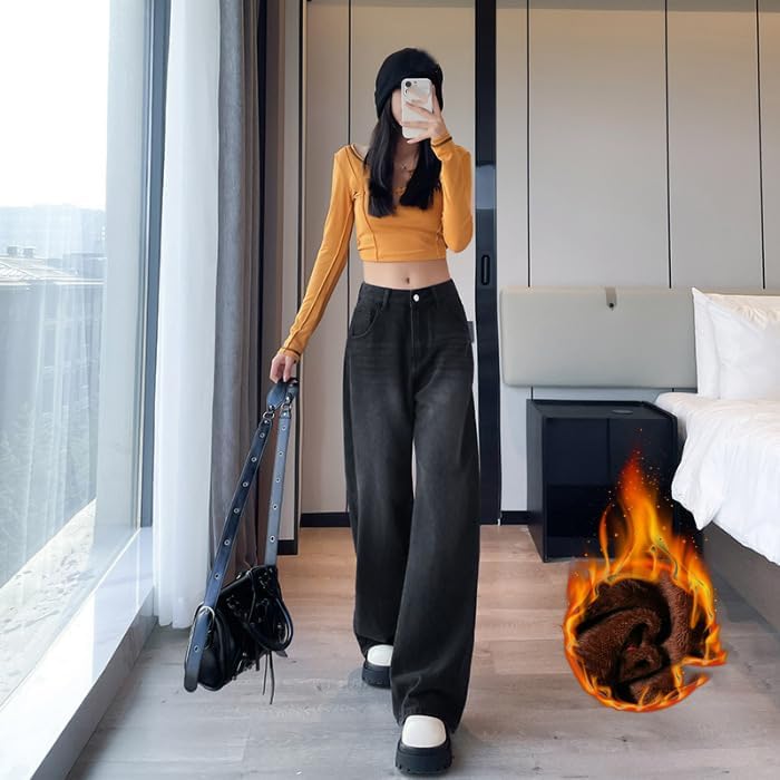 Women's Fleece-Lined Wide-Leg High-Waisted Casual Pants