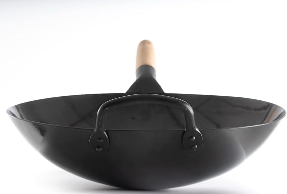 Craft Wok Black13 Pre-Seasoned Hand Hammered Carbon Steel Pow Wok with Wooden and Steel Helper Handle (13 Inch, Round Bottom)