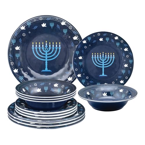 UP ware - Juego de vajilla de melamina de 12 piezas, incluye platos llanos, platos de ensalada, cuencos, servicio para 4 (Hanukkah)