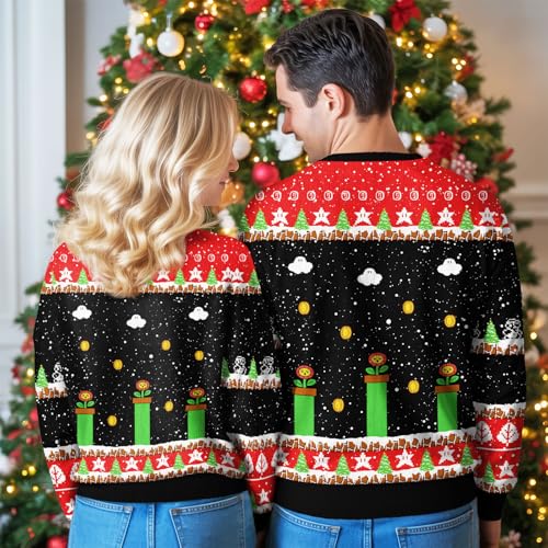 Image of 99TIMORO Super Mari Ugly Christmas Sweater for Men and Women, Holiday Pullover Novelty Crewneck Sweatshirt, Festive Outfit Gift