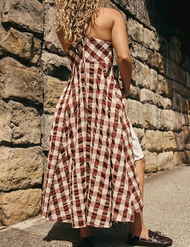 Dsewpuar Summer Plaid Bow Tie Button Front Maxi Dress for Women Sleeveless V Neck Beach Vacation Boho Flowy Long Dresses4