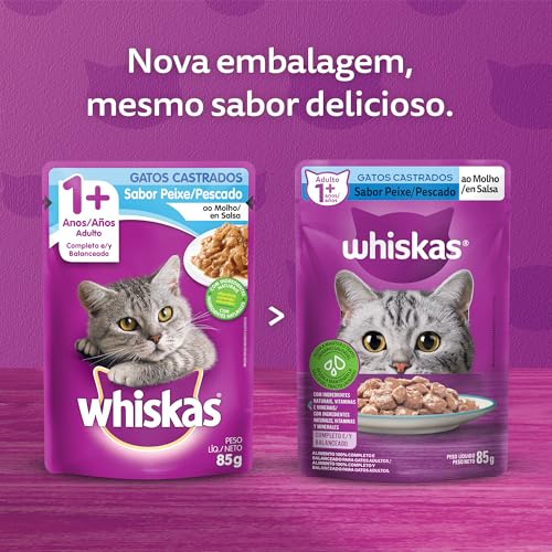 Ração Úmida Whiskas Sachê Peixe ao Molho para Gatos Adultos Castrados 85 g