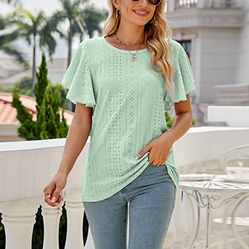 Xiaxogool Dressy Shirts For Teen Girls Ruffle Sleeve Hollowed Out Blouses Solid Breathable Tee Shirts Loose Round Neck Tunic Shirts 2023 Summer Tops Women Shirts Greens Xx-Large #TOP4