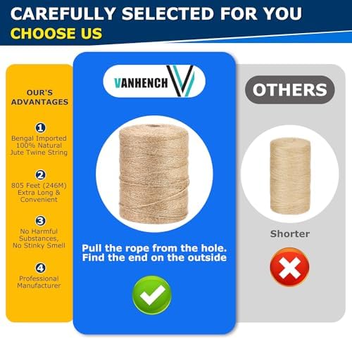 Vanhench 805FT Natural Jute Twine String, Bulk Hemp Jute Rope Cord Twine for Crafts Gardening, Gift Wrapping, Wedding Décor, Packing Material Burlap Ribbon, Christmas Knitting Macrame Decoration - 1