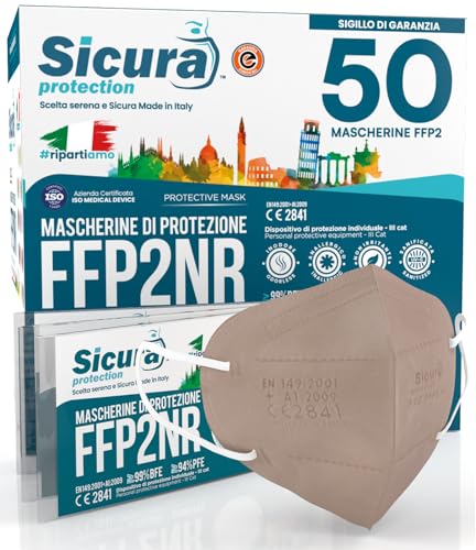 50 mascarillas FFP2 Certificadas CE Logotipo en relieve TORTÓLA SICURA Italia ≥99% Made in Italy Mascarillas FFP2 SANITIZADAS y selladas individualmente