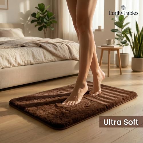 Image of Earthy Fables Plush Microfiber Bath Mat, Quick Dry, Anti-Skid, Water Absorbent, Non-Slip, Machine Washable Floor Rug, Shower Mat, Door Mat for Bathroom, Bedroom, 60 x 40 cm - Brown