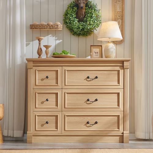 Image of Farmhouse 6 Drawers Dresser for Bedroom, 48 inch Wide Large Dressers & Chests of Drawers w /Roman Column, Storage Dressers Organizer for Bedroom, Hallway, Living Room, Natrual