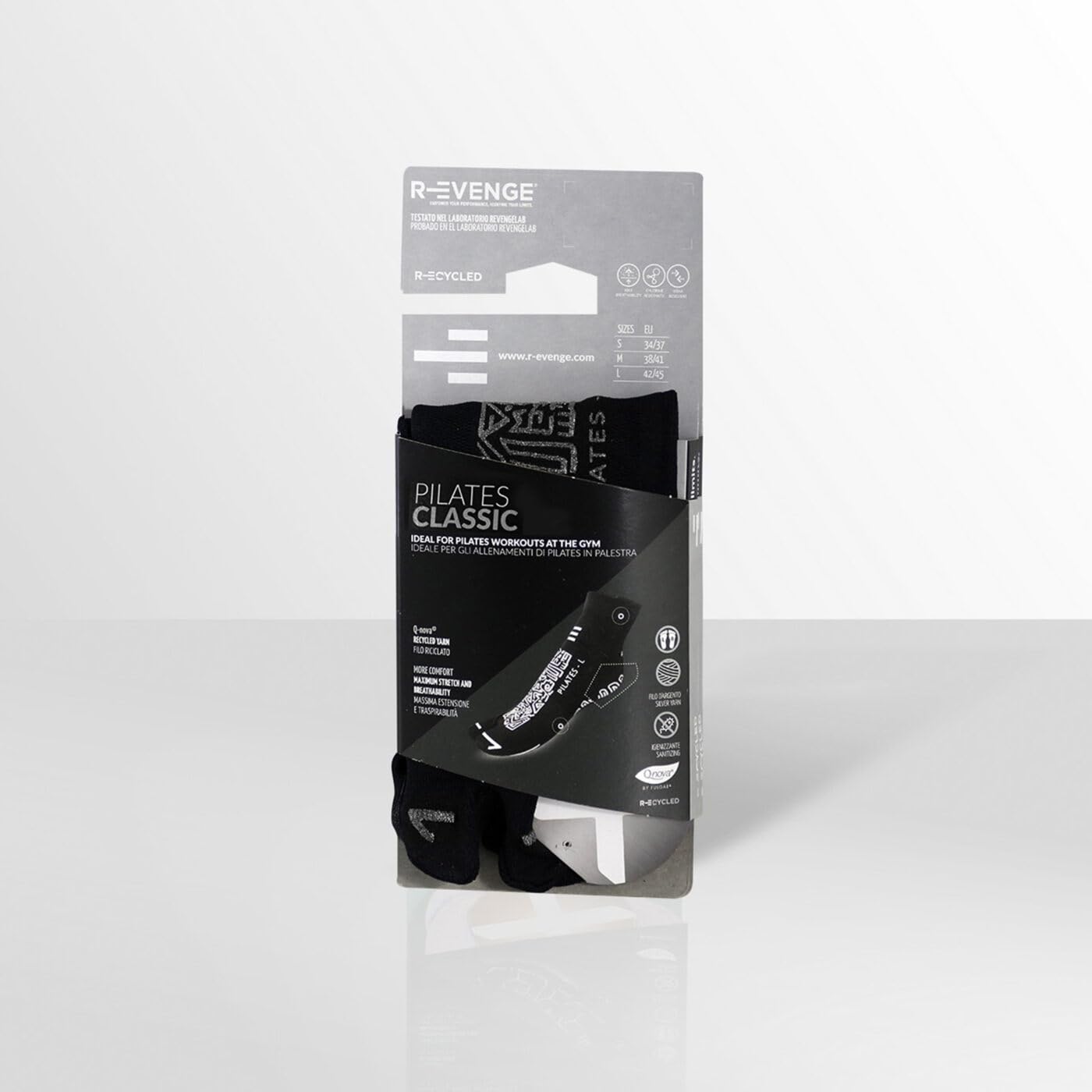 R-EVENGE Calzado técnico antideslizante con agarre perfecto en superficies secas. Hilo plateado antibacteriano, termorregulador y antiestático. Ideal para pilates, yoga, gimnasio y hogar.