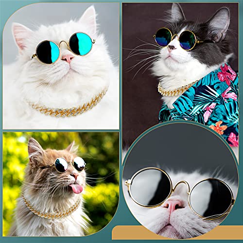 Xuniea 2 Pieces Cat Dog Chain Collar and Sunglasses Set Rhinestone Necklace with Secure Buckle Round Glasses for Doll Cat Dog Pet Accessories(10 Inch,Gold, Black)