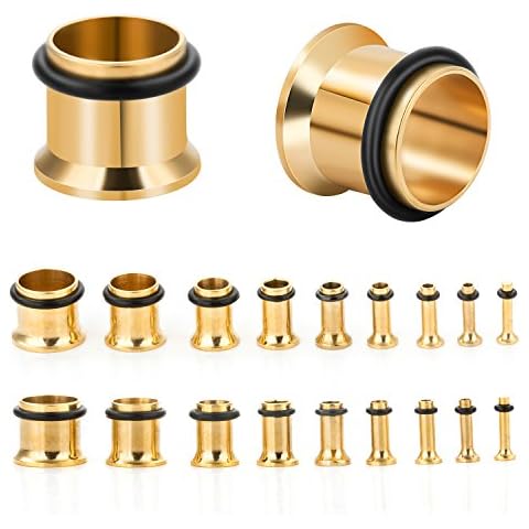 CABBE KALLO 18pcs Ear Tunnels Stretching Kit 14G-00G Gauges Stainless Steel Single Flared Set - Blue, Goldtone, Rosegold Tone, Rainbow, Silvertone, Black - 9 Pairs of Surgical Steel Tunnels for Ear Stretching - Sizes 14G to 00G - Ear Gauge Plugs and Expander Set (Goldtone) Cover