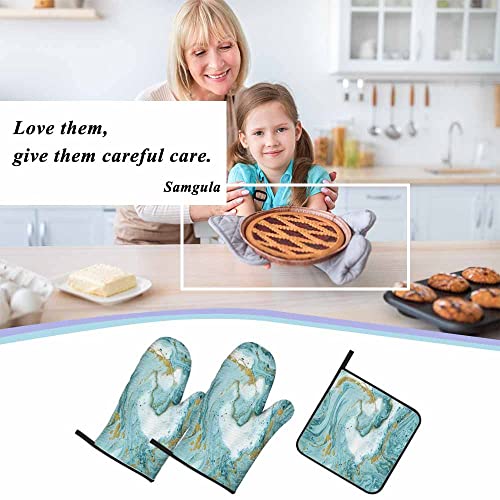 Samgula Teal Marble Oven Mitts and Pot Holders Sets Flow Oil Ink Creative Painting Heat Resistant 3pcs for Cooking Baking BBQ by Samgula - Image 7