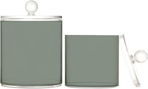 Paquete de 2 dispensadores de soporte Qtip con tapas, contenedores de almacenamiento de plástico verde militar, organizador de recipientes de baño