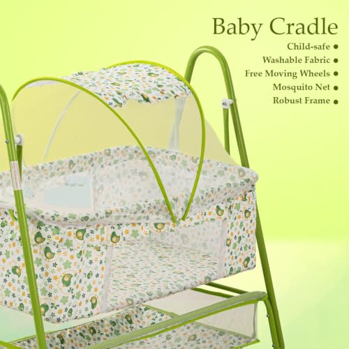 Image of BAYBEE Clora Baby Cradle and Swing with Mosquito Net | Jhula Palna for Newborns | 360 Rotating Lockable Wheels & Storage Basket | Green