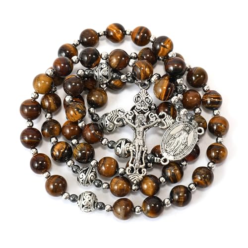 Nazareth Store Genuine Rosary Stone Beads Necklace Metal Beaded Glory Beads Miraculous Medal & Silver Cross Crucifix For Men and Womens