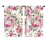 Fasbuy Blumenmuster Scheibengardine Küchengardinen Bistrogardine 2er Set, Modern Wohnzimmer Küche Küchengardinen kurz mit Stangendurchzug (Rosa Blumen,65x115cm)