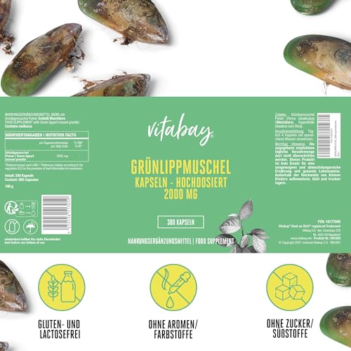 Vitabay Grünlippmuschelextrakt 2000mg Hochdosiert - 900 Grünlippmuschel Kapseln mit hoher Bioverfügbarkeit - Green lipped mussel capsules Laborgeprüft & ohne unerwünschte Zusätze