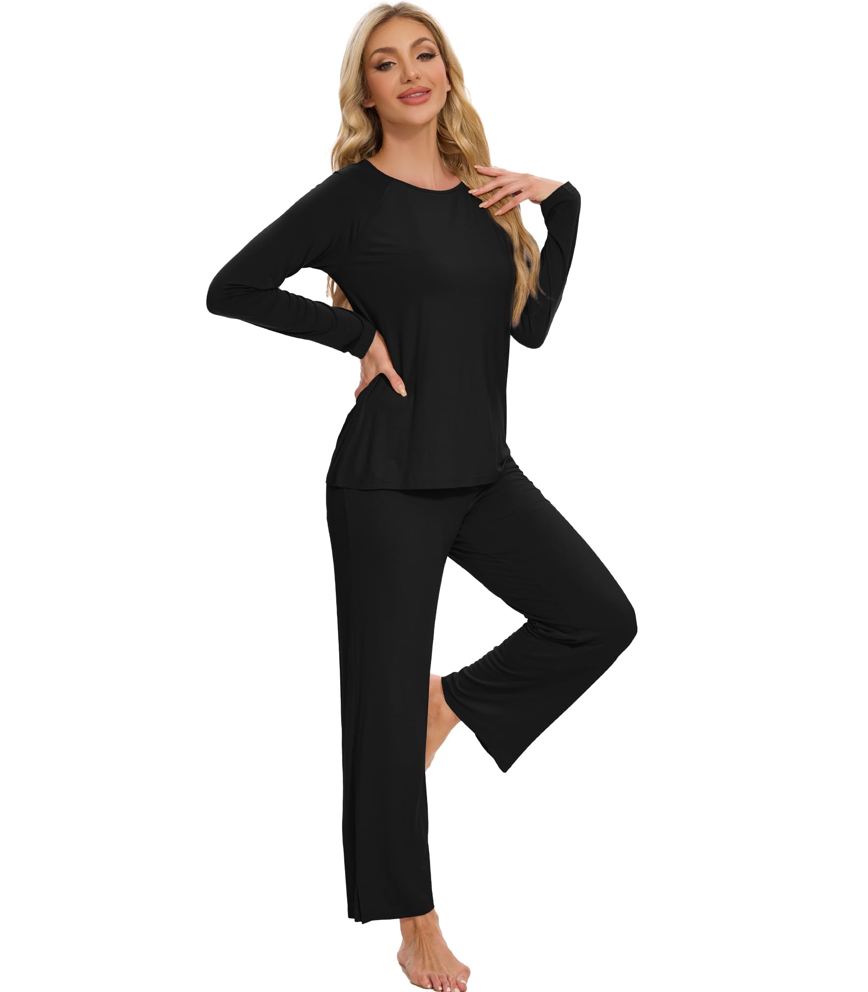 WiWiViscose from Bamboo Women's Long Sleeve Pants Raglan Sleeve Pajama Set with Pockets Lightweight Sleepwear S-XX