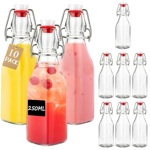 Otauoaea 10 Stück Glasflaschen Zum Befüllen, Glasflaschen 250ML Mit Bügelverschluss, Kleine Flaschen Zum Befüllen inkl Etiketten mit Stift, Flaschen Likörflaschen Für Öl, Essig, Saft & Limonade