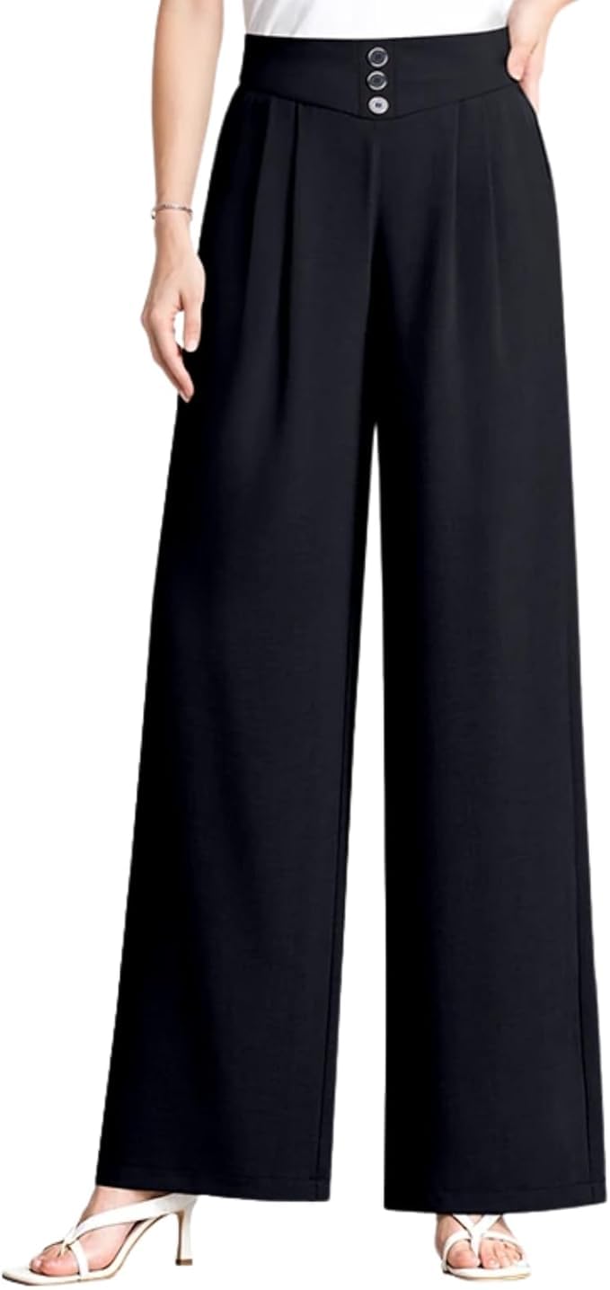 Womens Soft Flowy High-Waist Pull-On Wide-Leg Strecth Pants for Senior Women Over 50