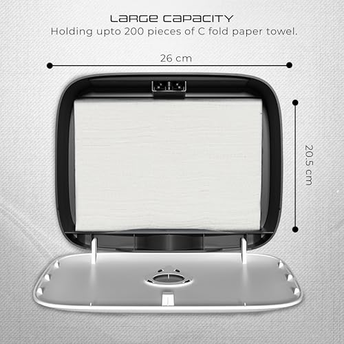 Image of Robustt Wall-Mounted V /N /M Fold Paper Hand Towel Dispenser - White (with 4 Adhesive Hooks) | Large Capacity | Durable ABS Material | Water-Resistant | Push Button Lock (Pack of 1)