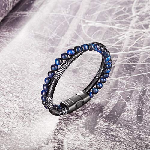 murtoo Mens Bead Leather Bracelet, Natural Bead, Steel and Leather Bracelet for Men Christmas Gift Idea3