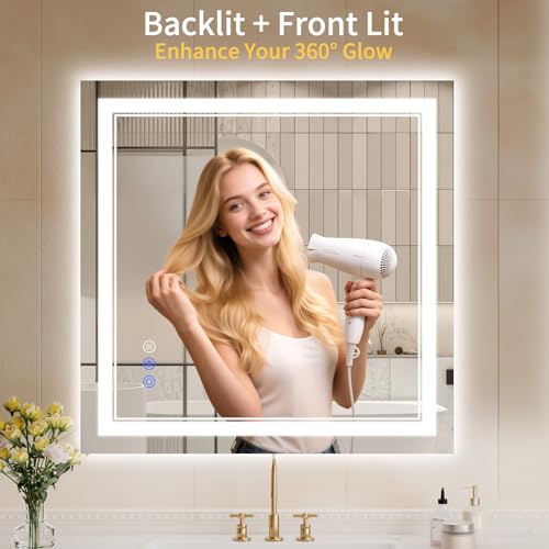 Image of 30 inchx30 inch LED Bathroom Mirror with Lights, Anti-Fog, Backlit + Front Lit, Dimmable, Led Vanity Mirror for Wall, Lighted Bathroom Mirror,3 Colors, Shatter-Proof Tempered Glass
