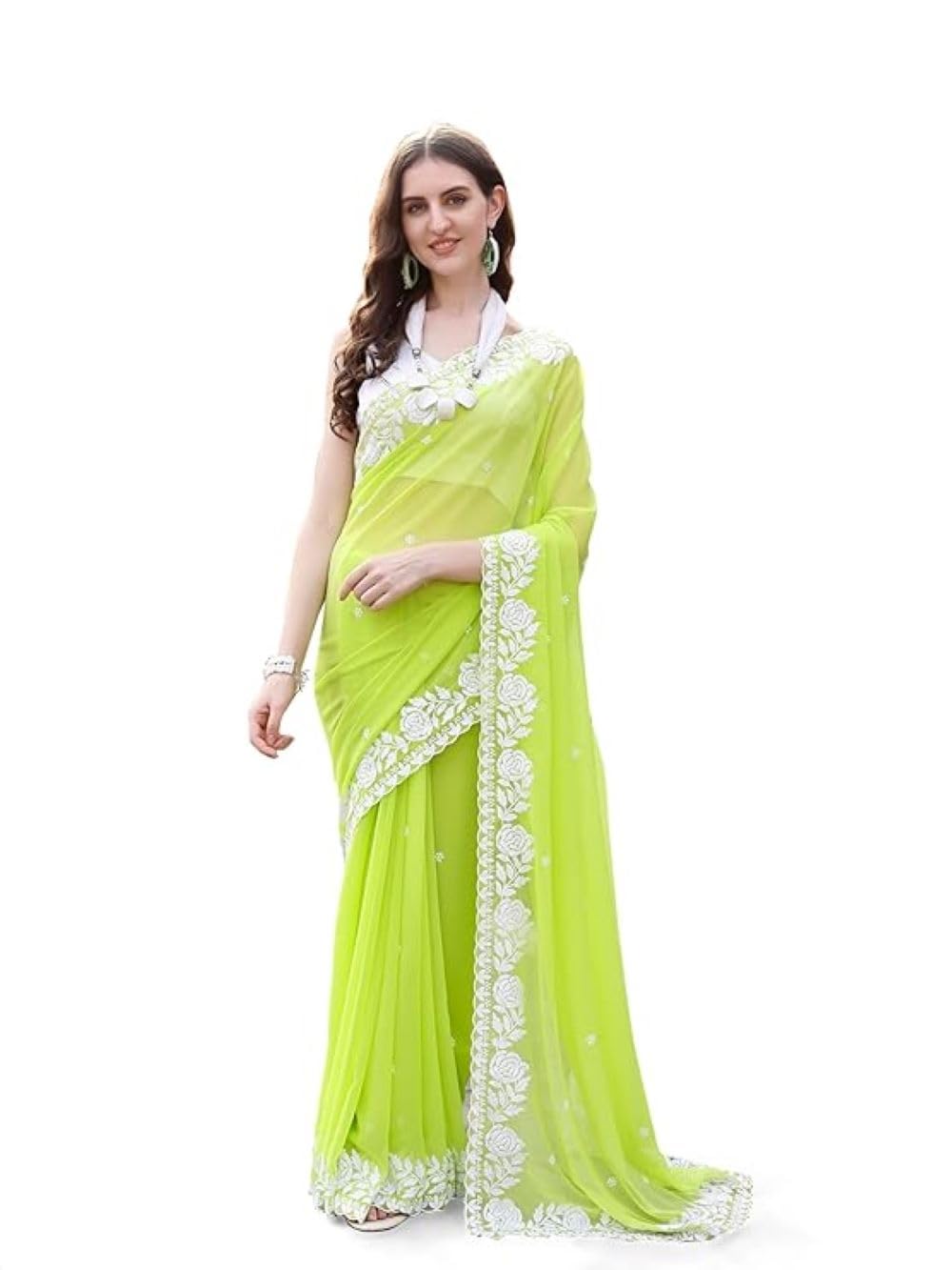 Women's Georgette Embroidery Border Work Designer Saree with Blouse Piece