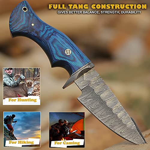 Handmade Damascus Hunting Knife For Skinning Camp Outdoor Damascus Steel Survival Hunting Bowie Knife With Horizontal Carry Sheath 10 Inch Fixed Blade Damascus Hunting Belt Knife For Camping, Bushcraft Ergonomic Blue Wood Handle | Cool Knives For Men Tactical #TOP4