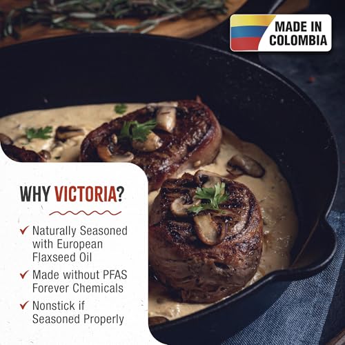 Victoria 12-Inch Cast Iron Skillet, Pre-Seasoned Cast-Iron Frying Pan with Long Handle, Made in Colombia