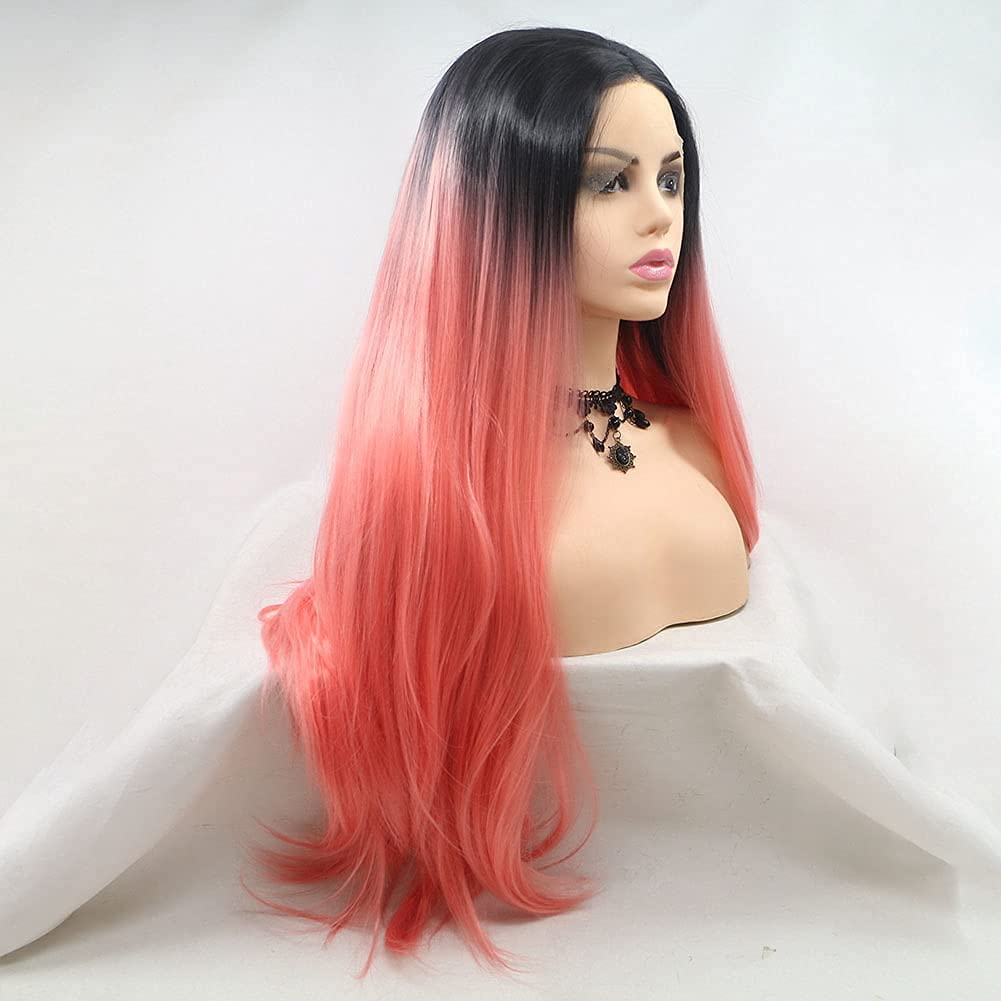 Parrucca frontale in pizzo arancione, lunga e liscia, arancione con radice nera, parrucca sintetica resistente al calore, parrucca per cosplay da donna, 61 cm