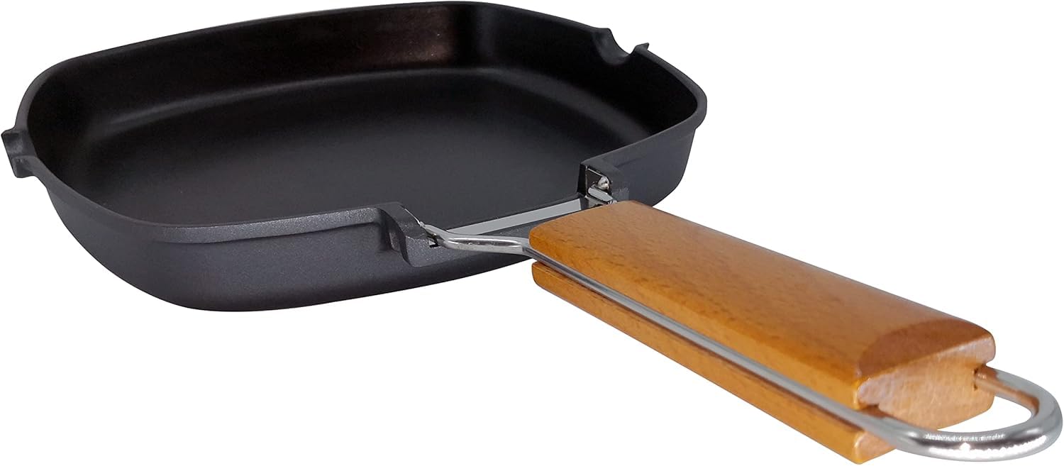 WECOOK! Ecostone Bistecchiera Liscia, Induzione, 24 x 24 cm, Antiaderente ILAG Ecologico senza PFOA, Alluminio Fuso, 5mm di Spessore, Manico in Legno Pieghevole, Vitroceramica, Gas