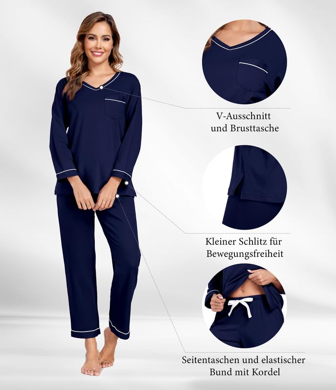 COLORFULLEAF Pijama largo para mujer, 100% algodón, pijama de dos piezas, cuello en V, ropa de dormir de manga larga, azul marino, XL
