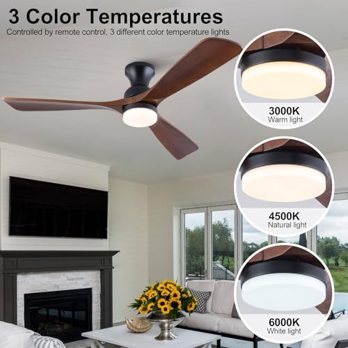 XBIBI 52 Inch Low Profile Ceiling Fan with Lights Remote Control, Dimmable, Quiet 6 Speeds DC Motor Wood Black Ceiling Fan with Flush Mount, Indoor Outdoor Ceiling Fans for Patios by XBIBI - Used condition - Image 4