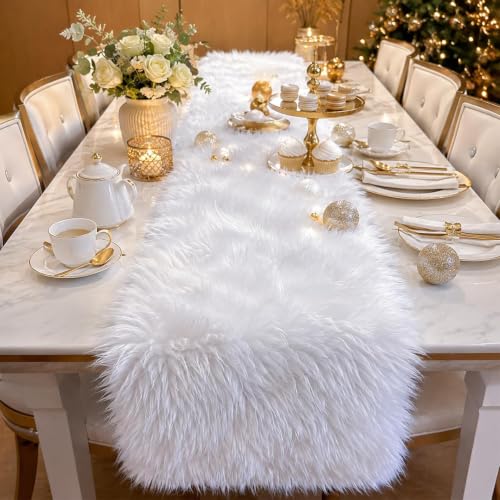 White Faux Fur Table Runner Christmas Table Decor 11.8 x 70.8 Inch