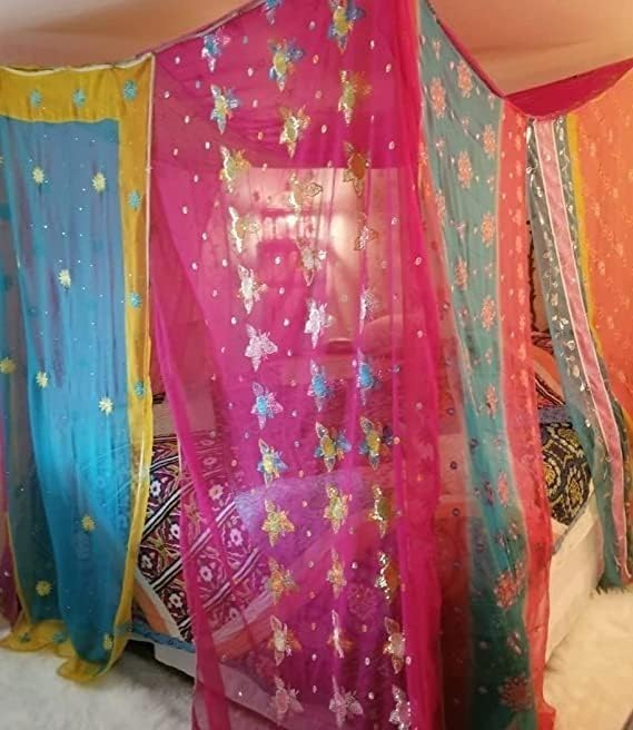 YILLE Bed Canopy King in Stock Curtains Bohemian Hippie Boho Decor India Fabric Silk Made to Order Queen Assorted