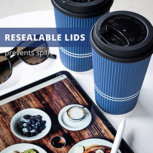 Glowcoast Disposable Coffee Cups With Lids - 16 oz To Go Coffee Cup (80 Set). Large Travel Cups Hold Shape With Hot and Cold Drinks, No Leaks! Insulated Ripple Cups Protect Hands, No Sleeves needed!