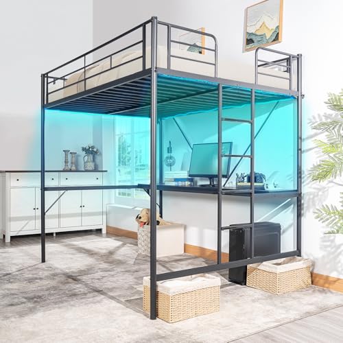 Image of VINGLI Full Size Metal Loft Bunk Bed Frame for Kids Teens Adults with Desk Underneath,2 Charging Station,LED Lights,Safety Guardrail and Stair,No Box Spring Needed,Black
