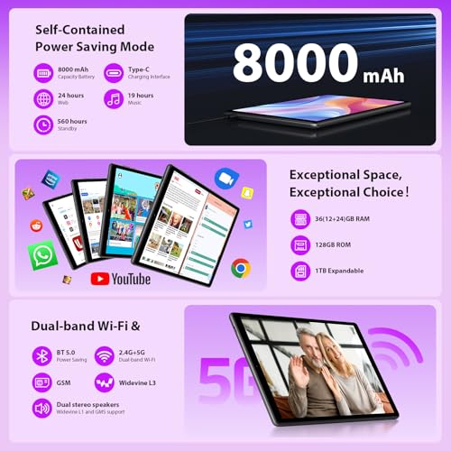 Image of 2026 Tablet with Keyboard,Stylus & Mouse, 10.3 Inch Android 13 Tablets, 2K IPS Screen, 19GB RAM 256GB (1TB TF), 8000mAh, 8-Core,8+13MP, 5G /2.4G WiFi,Tablets for Students, Adults, Play- Gray