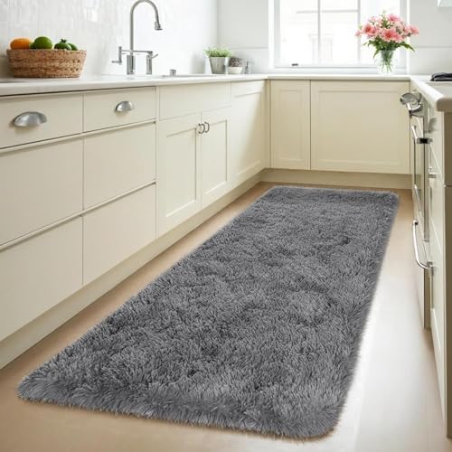 Image of Luxury Shaggy Carpet Solid Plain Fluffy Fur Rectangular Rugs For Bedroom Living Room 2X6 Feet Microfiber & Polyster Modern Interior Floor Mat Dark Grey
