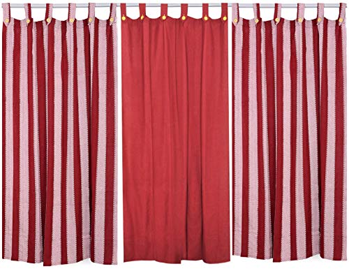 Image of Cotton Stripe and Solid Tab Top Loop Curtains Button Type Combo of 3 Pieces. (Maroon Multi, 4 x 5 ft - Window Curtain)