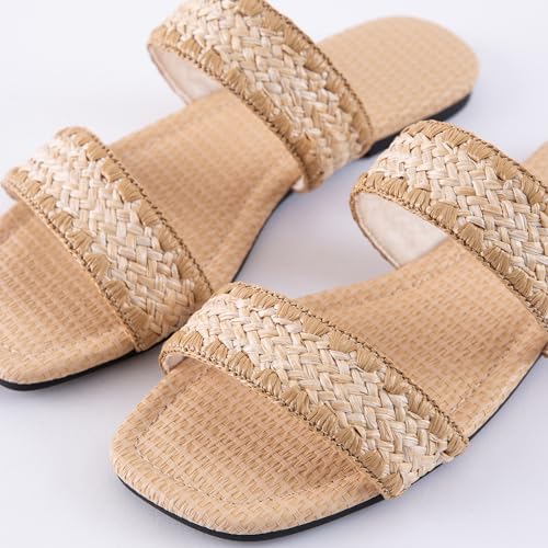 Image of Mtzyoa Women Flat Sandals Raffia Braided Summer Straw Dressy Casual Vacation Bohemian Cute Beach Comfy Slip On Slides